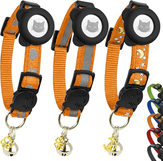 Cat Collar with AirTag Holders, 3-Pack, Reflective Breakaway Safety Collars, Bells and Matching Charms, Adjustable, Paw Hearts, Moon Stars Design, Lucky Charm, Red, Blue, Black (Orange)