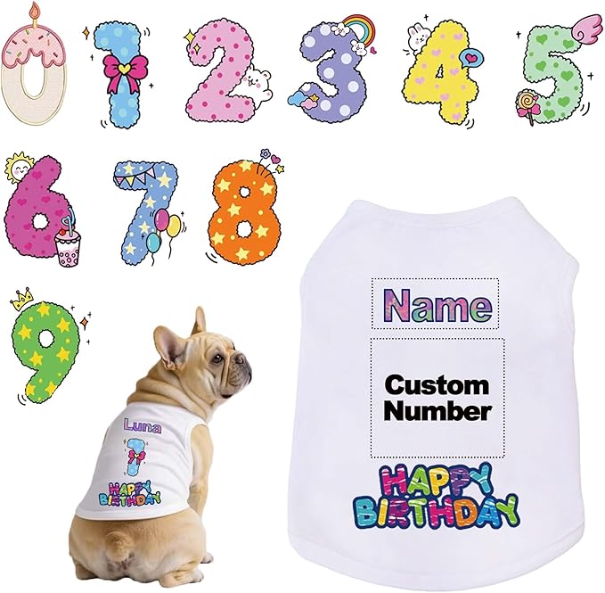 Custom Dog Birthday Shirt,Personalized Pet Apparel Print with Name Age Number,Pet Birthday Outfit,Lightweight Breathable Cotton Vest for Small Medium Large Dogs Cat (White, Large)