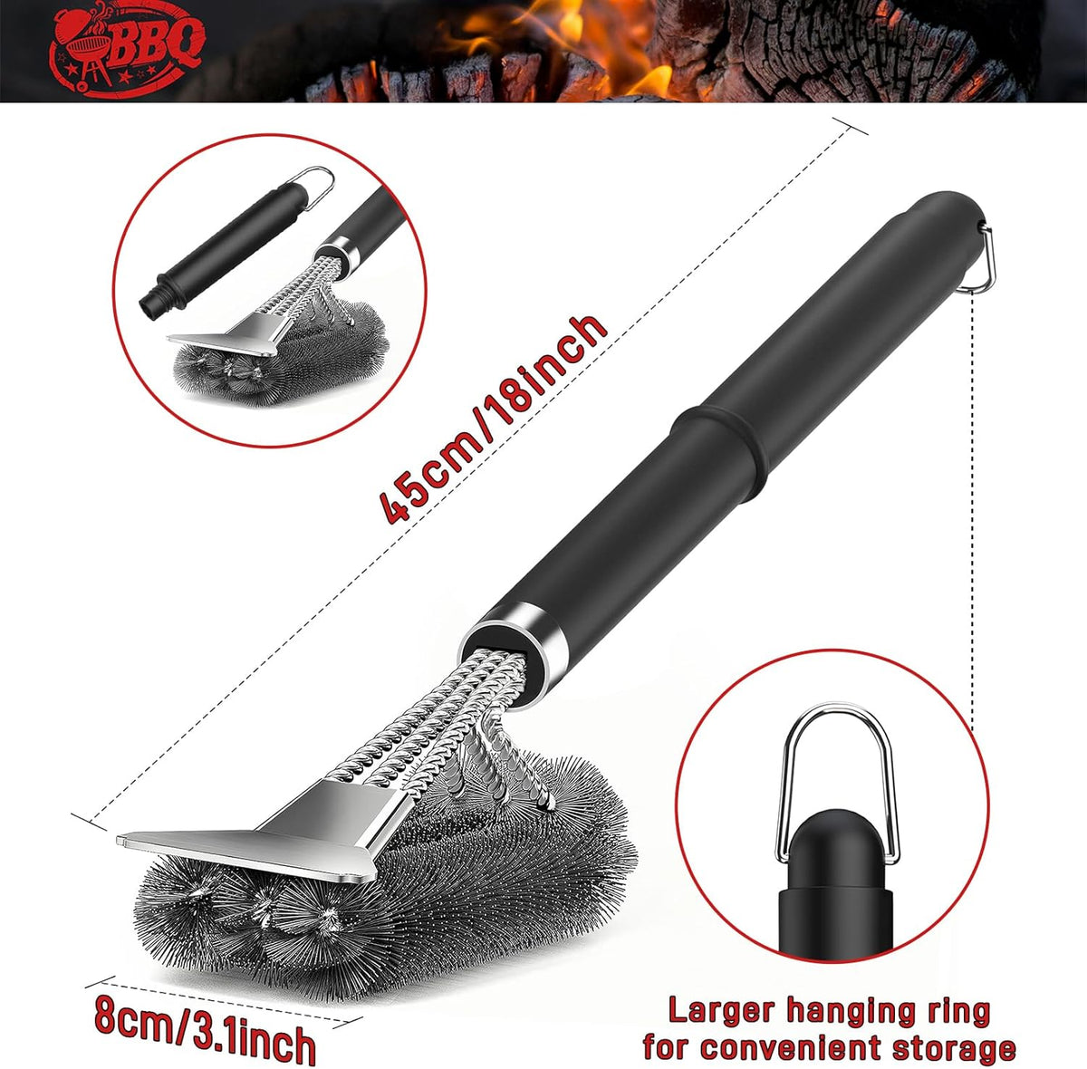 TNTOR Grill Brush with Scraper, 18" Adjustable Handle BBQ Grill Brush for Outdoor Grill, Extra Strong Grill Cleaner Accessories for Grill/Smoker/Gas/Charcoal Grill Cleaning-Grill Gifts for Men/Dad