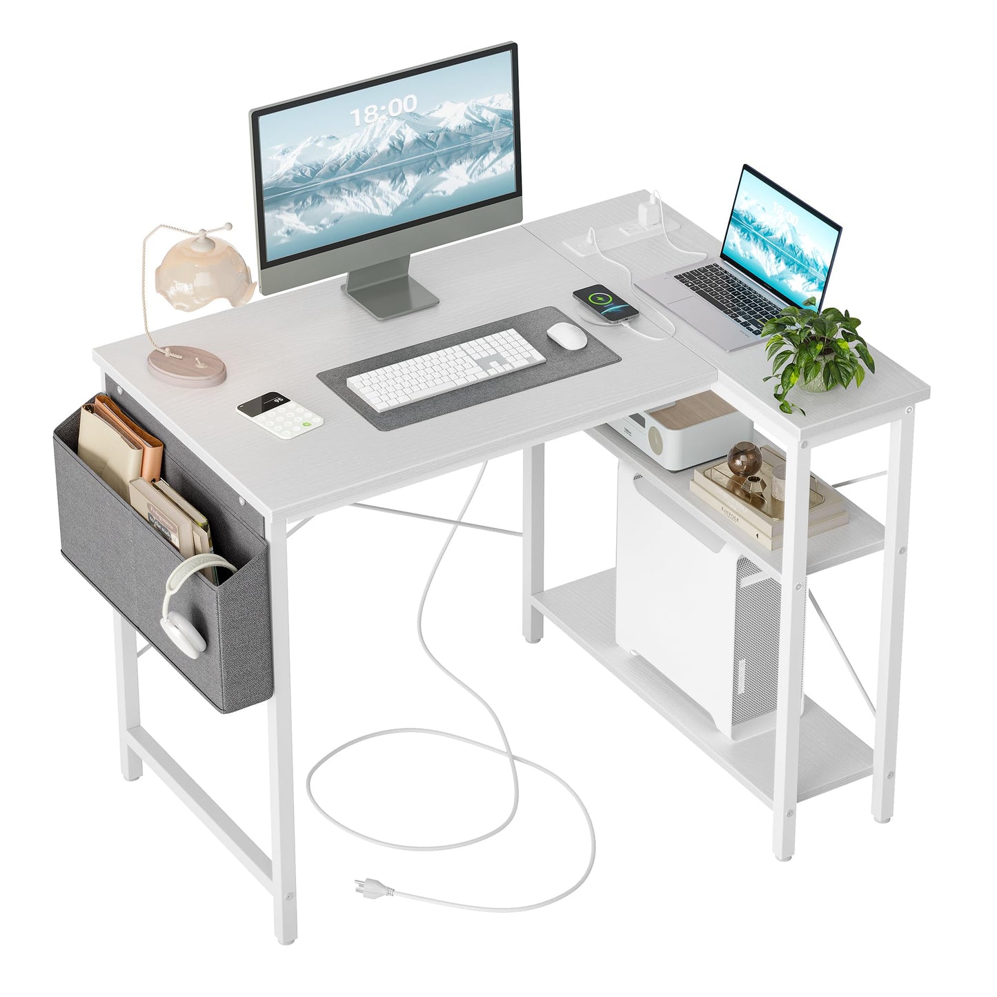 TIQLAB Small Computer Desk with Power Outlets, 40 Inch L Shaped Desk with Reversible Shelves, Gaming Desk Corner Desk Study Writing Desk for Home Office Bedroom Small Space, White
