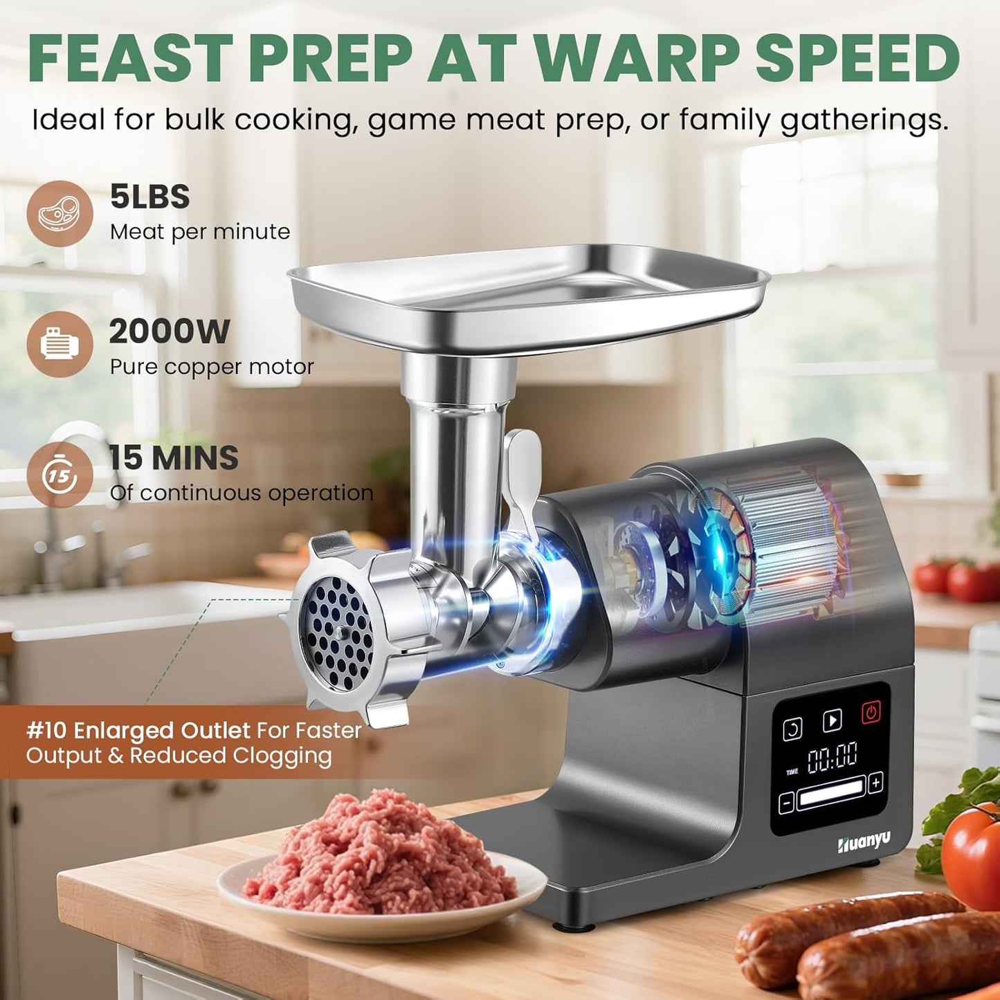 Huanyu Electric Meat Grinder 2000W Max Power Heavy Duty with Touchscreen, 2 Blades, 3 Plates, Sausage Tubes and Kubbe Kit #10 Outlet for Home Use