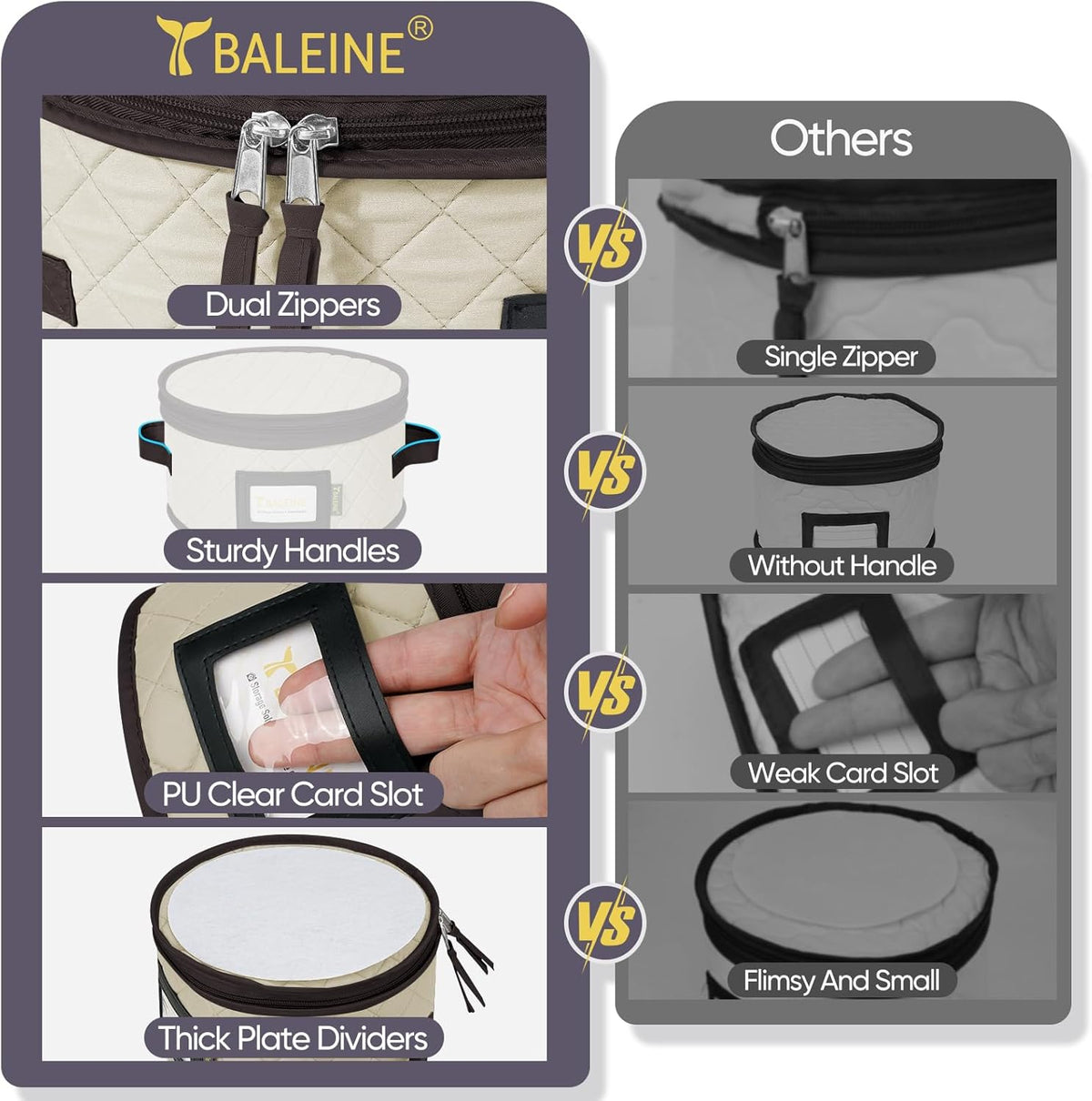BALEINE China Storage Containers, Sturdy Quilted Wine Glass Storage, Plate Organizer with Carry Handles, Moving Boxes for Dishes, Cups, Mugs and Stemware (Plate Mug Combo, Soft Shell Cream