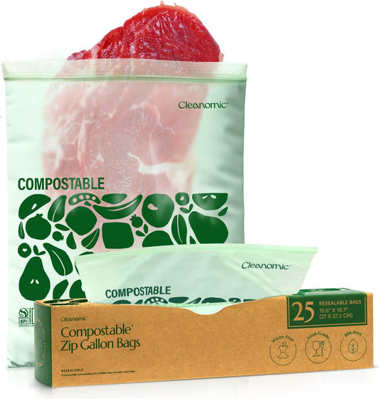Cleanomic Compostable* Gallon Size Food Storage Bags (25 Eco Zip) Freezer and Leak Proof, Also Available Quart, Snack and Sandwich Bags