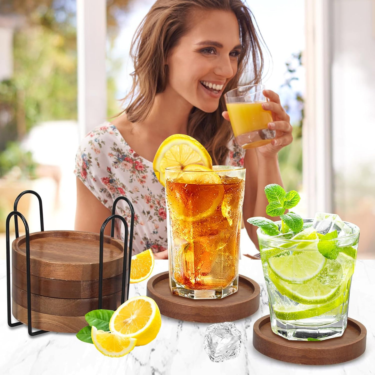 6 Pcs Best Wooden Coasters with Holder Coffee Table Decor Acacia Wood Coaster Set Modern Cup Coaster for Drink Home Dining Table Kitchen Accessories Cute Beer Bar Decorative Rustic Outdoor Coasters