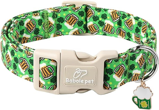 St Patricks Day Dog Collar for Large Dogs - Green Beer Shamrock Dog Collars for Boys&Girls Dogs, Adjustable Irish Clover Puppy Collar with Quick Release Buckle L