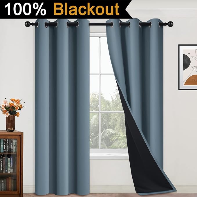 Yakamok Full Blackout Curtains 84 Inches Long, 2 Thick Layers Grommet Top