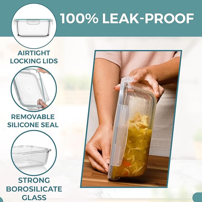 Razab 6.5 Cups / 52 Oz 4 Piece (2 Containers + 2 Lids) Glass Food Storage Containers Set with Airtight Locking Lids - For Storing, Baking & Serving BPA Free, Leakproof - Microwave, Freezer & Oven Safe