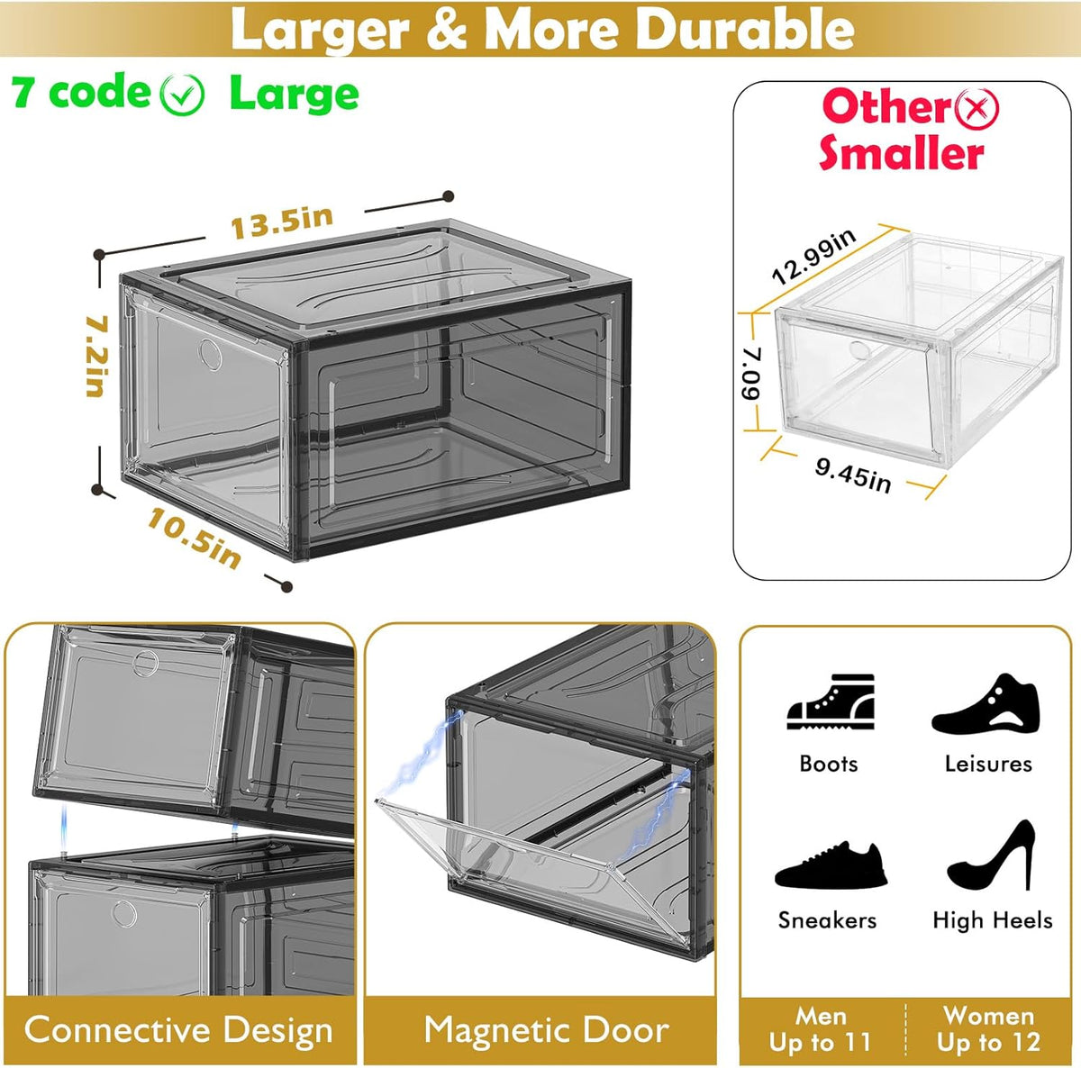 7 code Thicken & Sturdy Clear Shoe Storage Organizer with Magnetic Door, Stackable Boxes for Closet, Foldable Shoe Rack for Sneaker Boot Container, Plastic Shoe Cabinet Shoe Box 6 Pack, Black