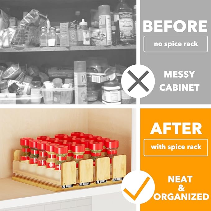 SpaceAid Bamboo Pull Out Spice Rack Organizer for Cabinet, Heavy Duty Slide Out Seasoning Kitchen Pantry Sliding Vertical Organization, 10.1" Wide, 4 Drawers(2" Wide), 1-Tier, Natural