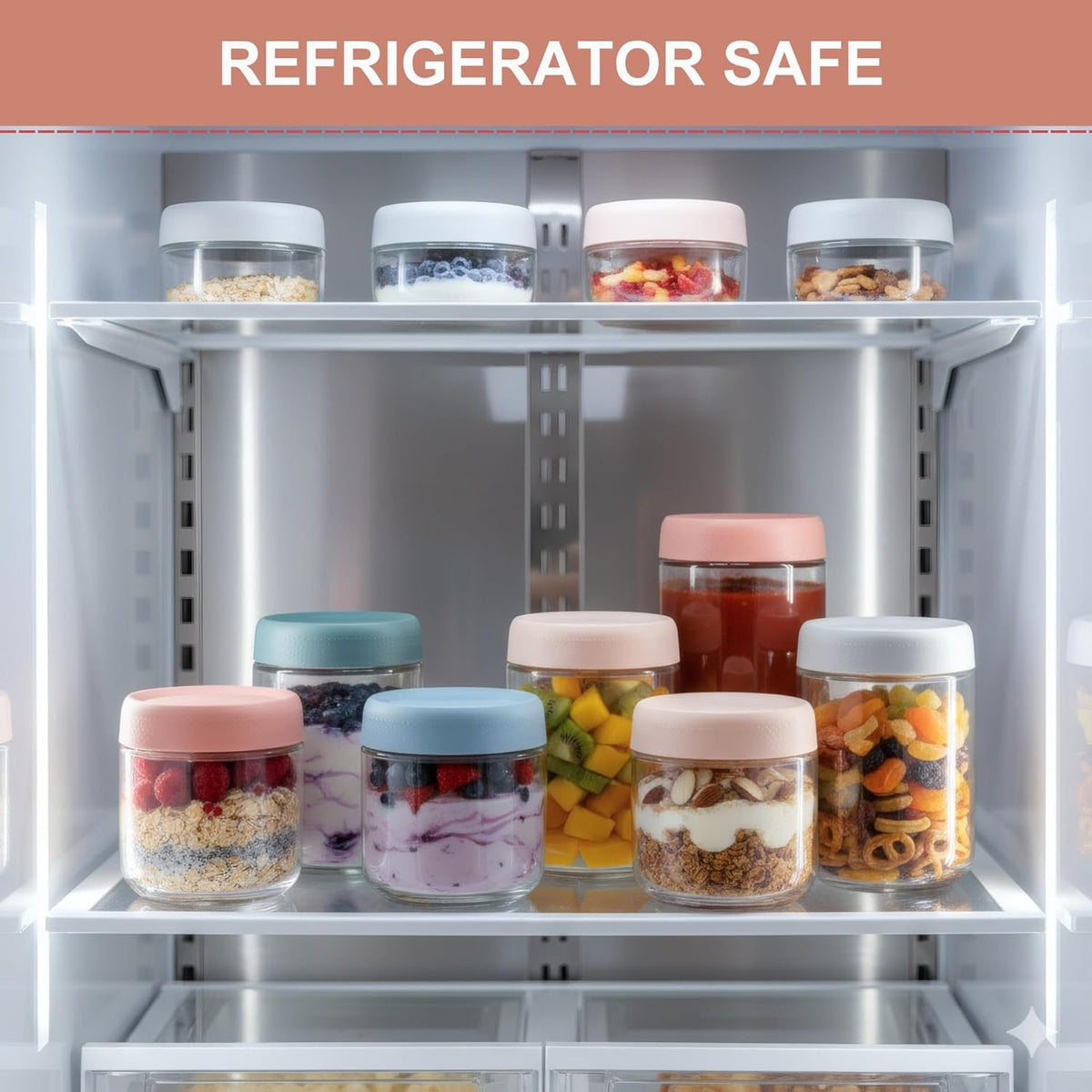 CATIFLIN 6-Pack Overnight Oats Containers with Lids, 16oz & 10oz Glass Mason Jars, Airtight Wide-Mouth Food Storage Containers for Meal Prep, Yogurt, Salad, Snacks, Chia, and Baby Food