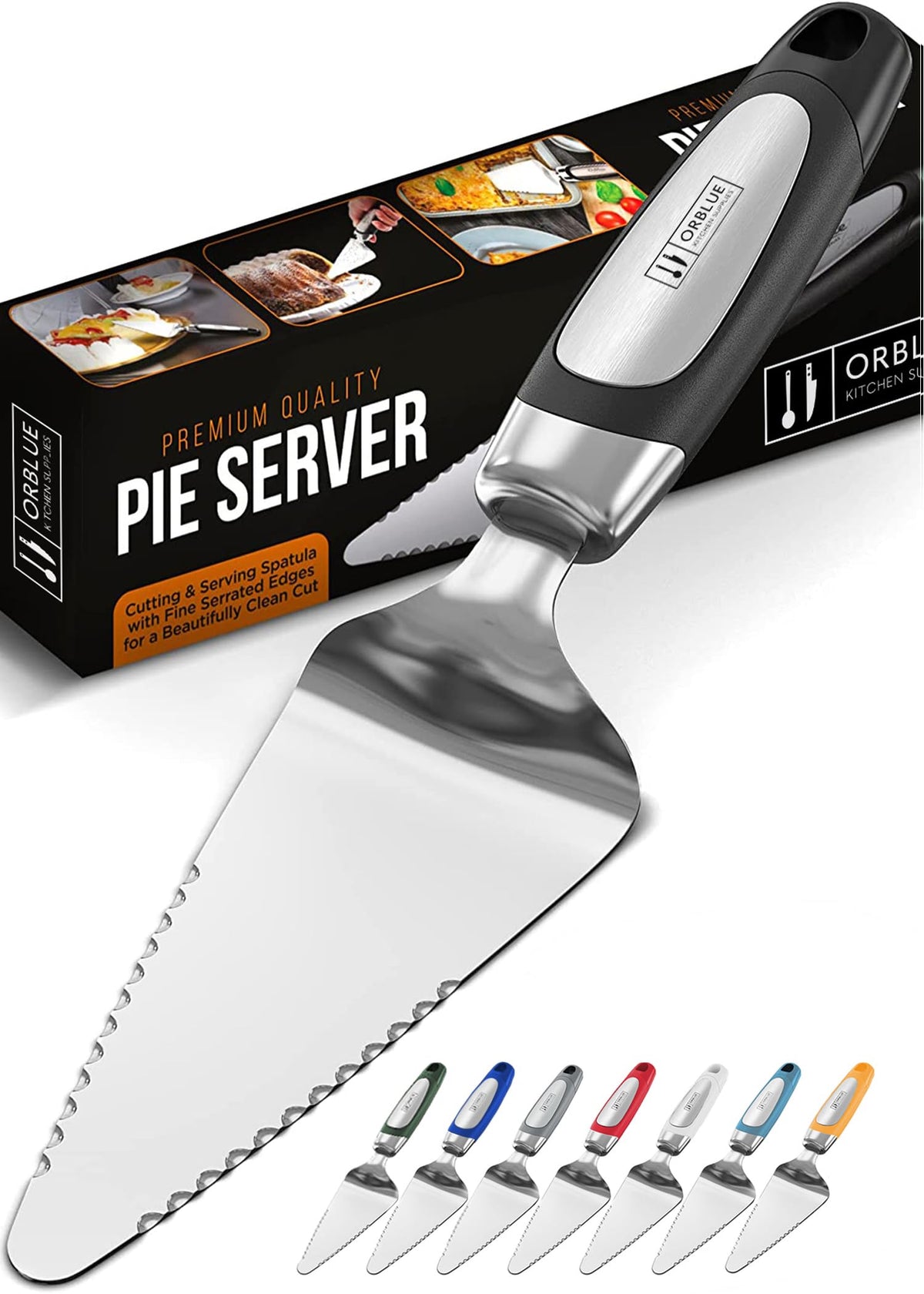 Orblue Pie Server, Essential Kitchen Tool, Serrated on Both Sides, Great for Right or Left Handed Chef, Stainless Steel Flatware, Cake Cutter, Black