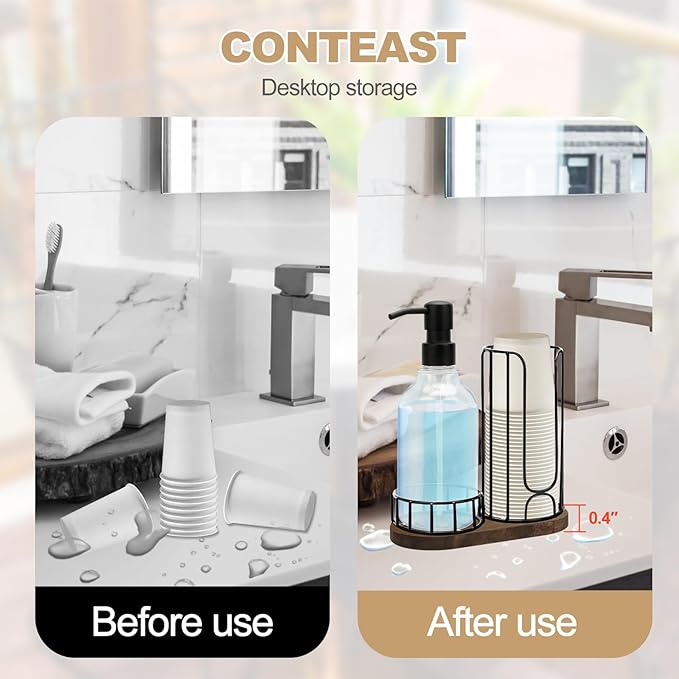 Country-Style Bathroom Cup Holder with 17 oz Reusable Mouthwash Dispenser, 2-Compartment 3oz Disposable Mouthwash Cup Storage Rack, Iron Bathroom Accessories