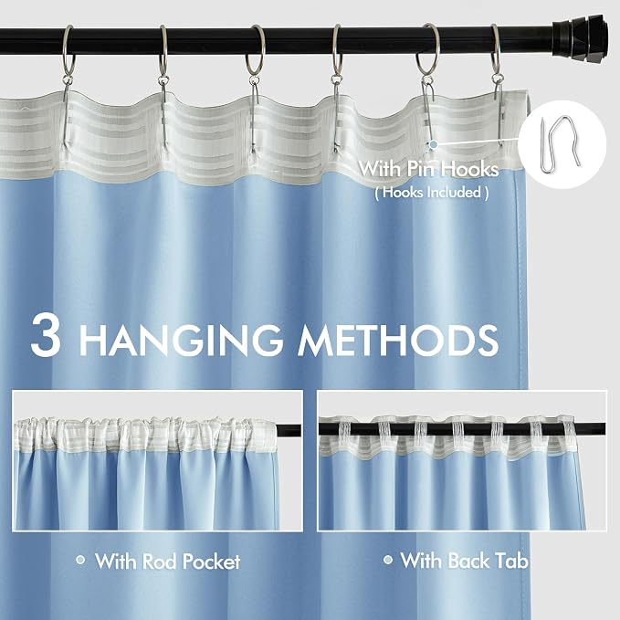 MIULEE Sky Blue Back Tab Blackout Curtains 63 Inch Length 2 Panels Set