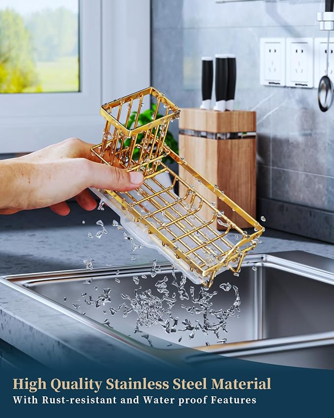 Consumest Sink Caddy, Kitchen Sponge Holder with Dish Brush Holder, Kitchen Sink Organizer with Drip Tray for Countertop, Stainless Steel Rustproof - Gold
