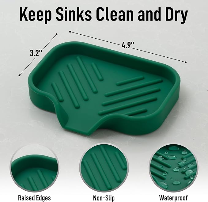 Zulay Kitchen Small Silicone Sponge Holder (4.9x3.3”) – Space-Saving Sink Organizer Tray for Sponge, Soap, Brush & More – Compact Non-Slip Dish for Kitchen & Bathroom Countertops (Pine Green)