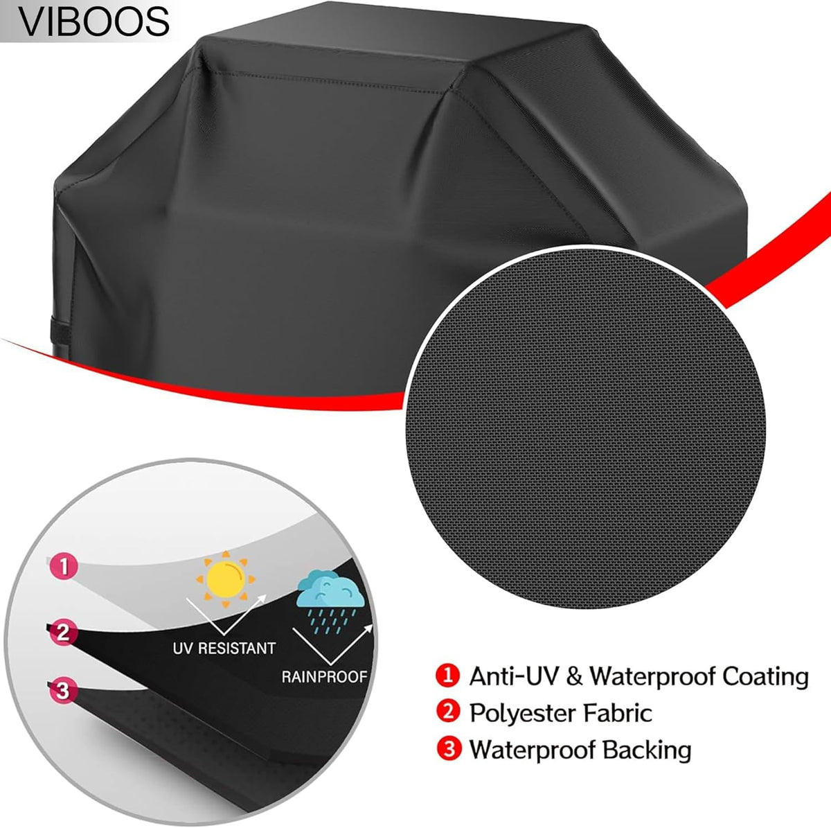 Grill Cover, 58 inch BBQ Gas Grill Cover for Outdoor Grill, Waterproof, Anti-UV, Rip-Proof, Fade Resistant Material, Barbecue Cover with Hook-and-Loop Straps & Adjustable Hem Drawstring, Black