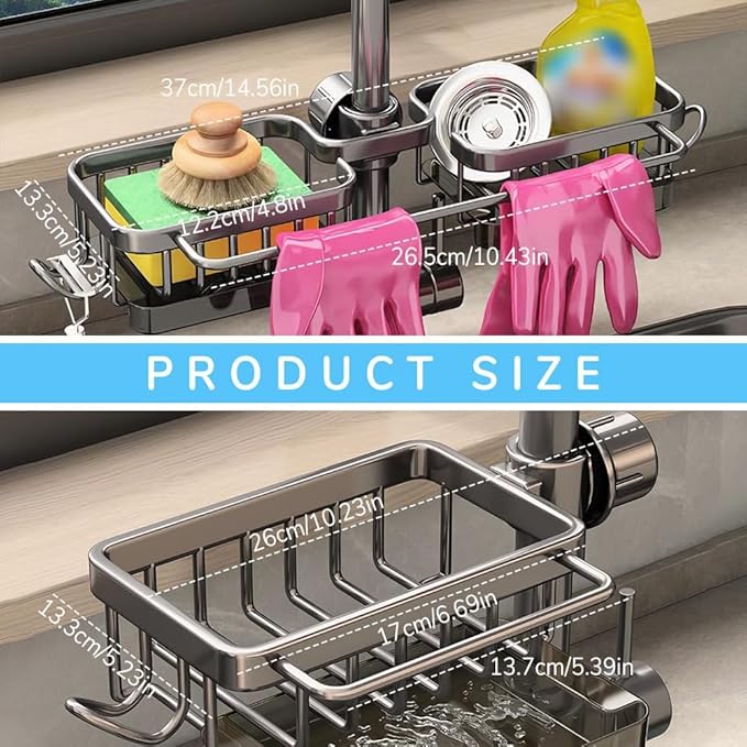 BusyLive Kitchen Sink Faucet Organizer,2024 New Sink Drain Rack Sponge Storage, Adjustable Detachable Sponge Holder for Kitchen Faucet, Sink Drain Holder for Soap, Shampoo, Shower Shelf (Left)