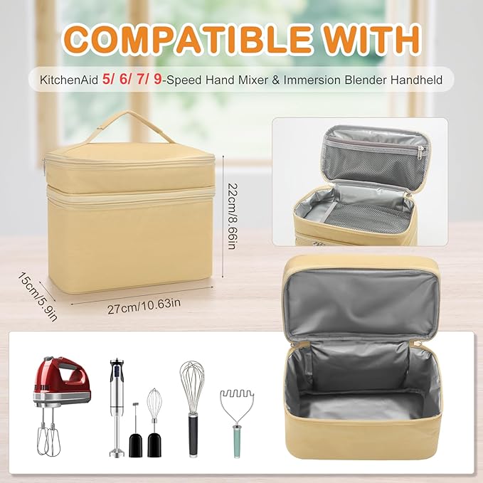 Hand Mixer Case for Kitchen Aid - Immersion Blender Attachments Storage Bag Blender Stick Handheld Carrying Case with Handle Hand Mixer Accessories, Portable Travel Organizer (Bag Only) Yellow