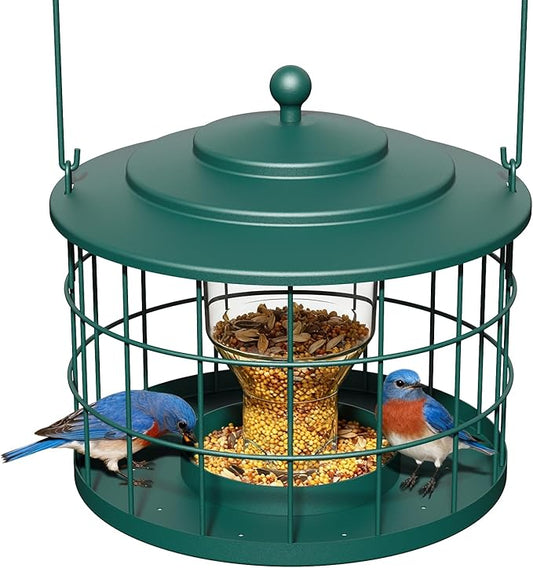 Squirrel Proof Bird Feeder, Metal Cage Bird Feeder for Outdoors Hanging, Starling Resistant Design for Small Birds, Weatherproof with Drain Holes, Easy to Refill, Green