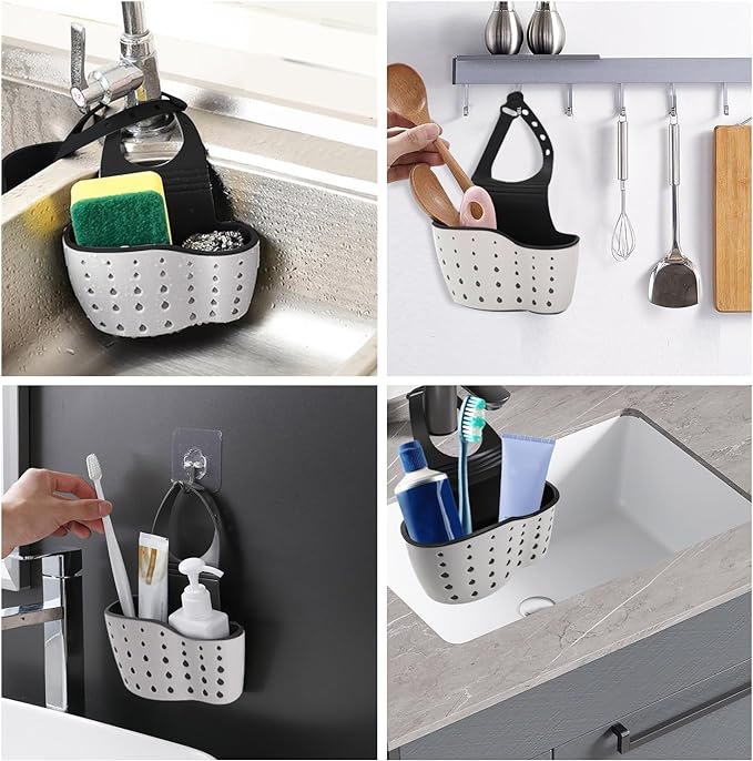 Kitchen Sink Caddy Sponge Holder for Kitchen Sink Accessories Organizer Dish Sponge Holder Ajustable Strap Faucet with Drain Holes for Drying (2 pcs Beige)