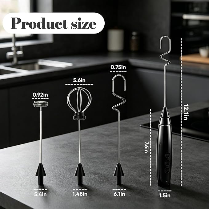 Rechargeable Milk Frother with Stand, 3-Speed Electric Handheld Foam Maker with 3 Whisks, Stainless Steel Blender for Coffee, Latte, Cappuccino, Hot Chocolate & Egg Mixes, USB Charging, Black
