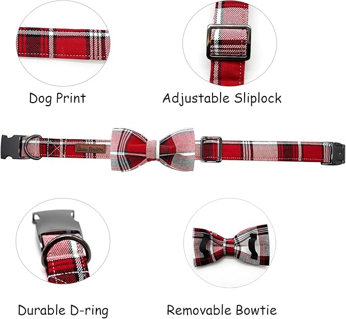 Dog Collar, Christmas Dog Collar Plaid Pet Collar Bow Holiday Bows Girl Boy Puppy Collar Adjustable Pet Collar for X-Small Dogs