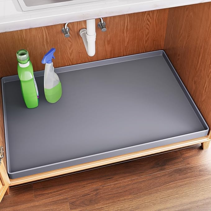 FLATO Waterproof Under Sink Mat 25" x 19" Shelf Liner for Kitchen and Bathroom, Cabinet Protector, Organizers and Storage, Flexible Silicone Drip Tray