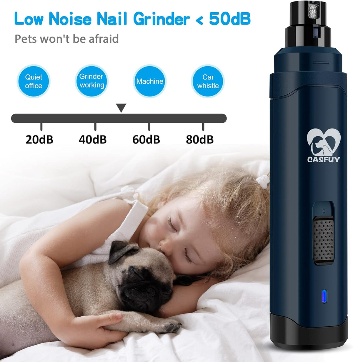 Casfuy Dog Nail Grinder Upgraded - Professional 2-Speed Electric Rechargeable Pet Nail Trimmer Painless Paws Grooming & Smoothing for Small Medium Large Dogs & Cats(Dark Blue)