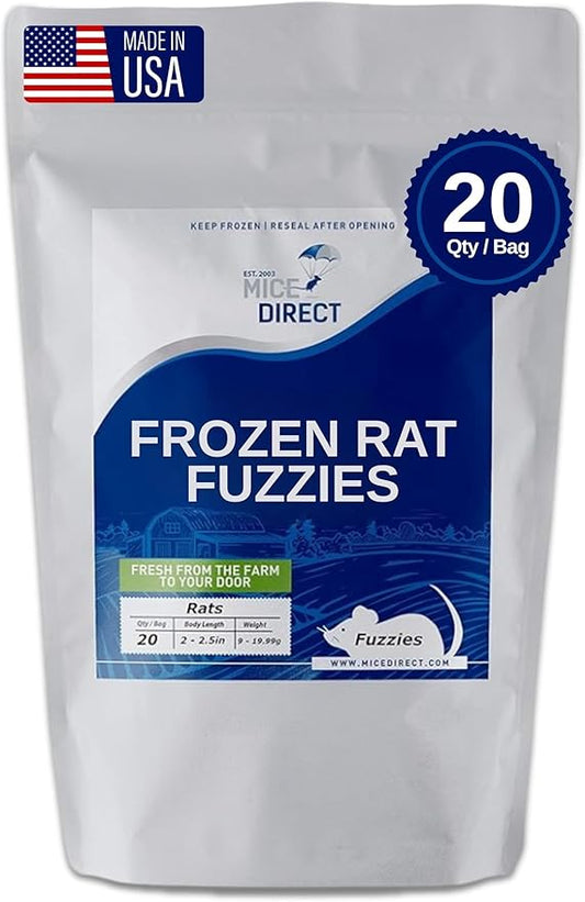 MiceDirect 20 Frozen Rat Fuzzies Feeders Snake Food for Adult Corn Snakes Ball Pythons (2-2.5 in)(180 Grams Min) (20 Count)