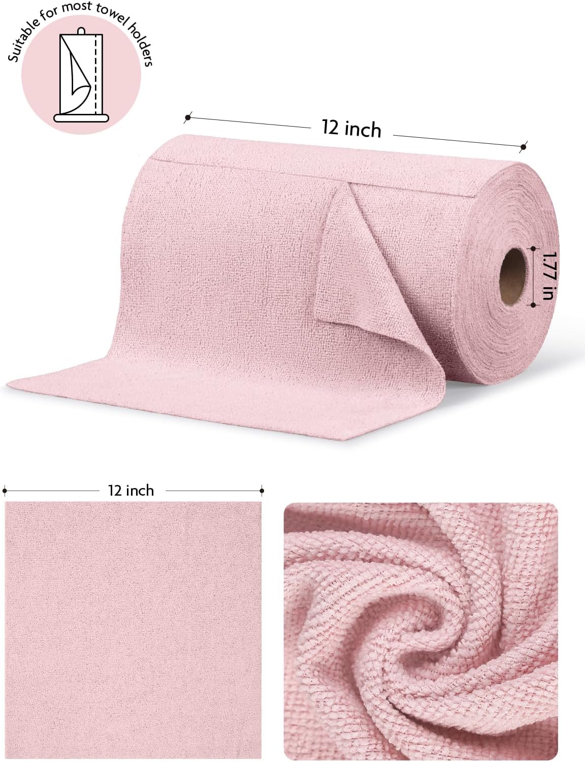 Fantasticlean Microfiber Cleaning Cloth Roll -75 Pack, Tear Away Microfiber Towels, 12" x 12", Reusable, Washable, Scratch Free, Ultra Absorbent Dishcloth for All-Around Cleaning Supplies (Pink)