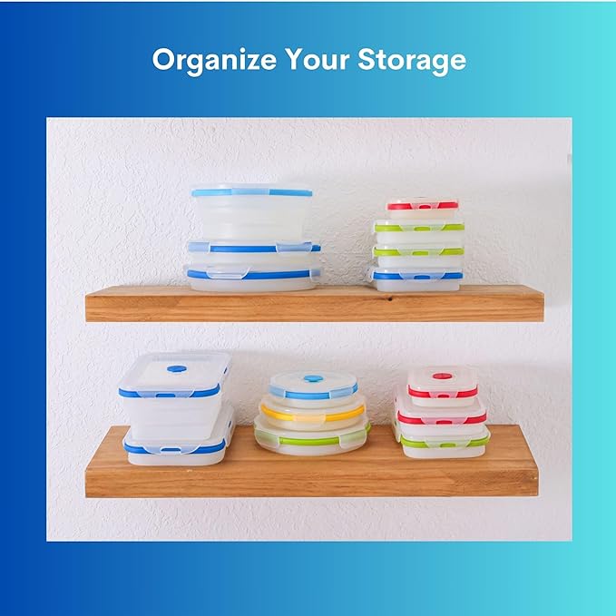 ECOBERI Collapsible Food Storage Containers, Silicone Round 4 Piece Set, 14/17/27/40 oz, BPA-Free, Space-Saving, Airtight Lids, Microwave Safe Without Lid, Freezer and Dishwasher Safe