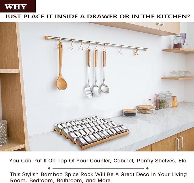 Bamboo Spice Rack Drawer Organizer - 8 Pieces Set- 10" Wide Per Piece - Combine Pieces Into 20" Wide Rack (10" or 20")