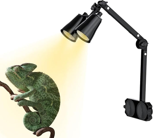 Dual Reptile Lamp Stand with Suction Cups, Adjustable Bracket for Terrariums, Dual‑Head Heat & Basking Lamp Holder with Ceramic Sockets and Separate Switches