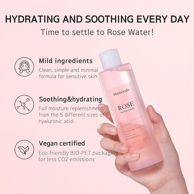 Mamonde Rose Water Vegan Toner for Face - 90.97% Pure Rosewater, Organic Certified, Soothing and Hydrating, Alcohol-Free, Korean Skin Care, 8.45 Fl Oz