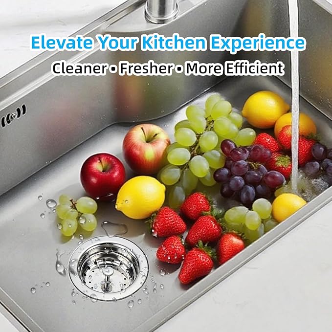 Kitchen Sink Drain Assembly, Stainless Steel Basket Strainer with Knob, 3-1/2 Inch Sink Drain Stopper Plug, Threaded Plastic Sink Strainer Tailpiece 1-1/2 in