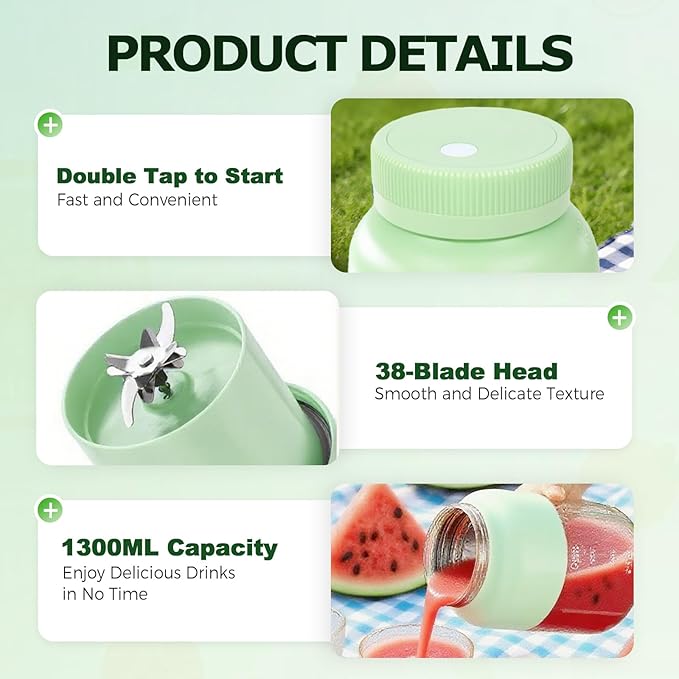 Portable Juicer, 44oz Wireless Blender Cup, USB Rechargeable Smoothie Maker for Shakes, Protein Drinks, Travel, Office, Outdoor – Leak Proof with Handle (Green)