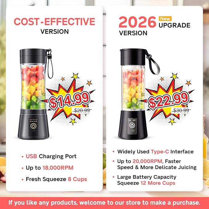 Cordless Portable Personal Size Blender - 12 Oz Mini Blender Make Smoothies and Shakes, Cordless Lightweight Rechargeable, Freshly Squeezed in Picnic/Sports/Office