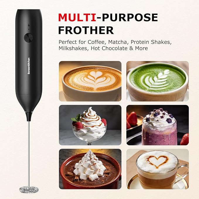 Bonsenkitchen Rechargeable Milk Frother Handheld, Electric Foam Maker with Stainless Steel Whisk, Charging USB-C, Portable Hand Wand Drink Mixer for Coffee Matcha Lattes Cappuccino, Kitchen Gifts