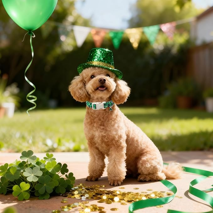 St Patricks Day Dog Collar for Small Dogs - Green Lucky Clover Dog Collars, Lightweight Adjustable Irish Festival Shamrock Dogs Collars with Quick Release Buckle S
