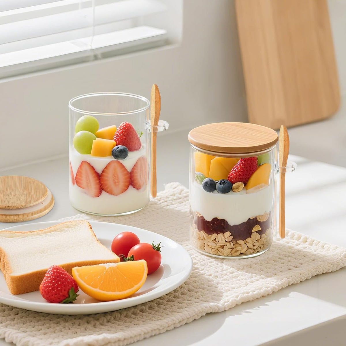 6 Pack Overnight Oats Containers with Lids and Spoons, 16oz Glass Jars with Bamboo Lids, Airtight Meal Prep Yogurt Containers for Breakfast, Parfait, Salad, Chia Pudding
