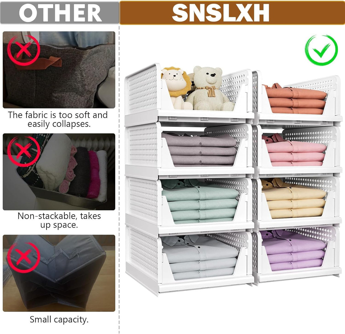 SNSLXH 5 Pack Stackable Closet Storage Basket, Multifunctional & Foldable Closet Organizer for Bathroom Kitchen Laundry Room Wardrobe Storage, Space-Saving Clothes Storage Drawer Organizer, White