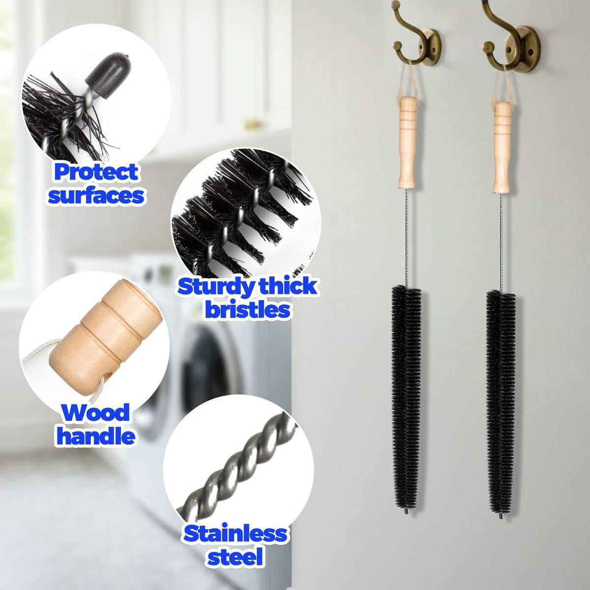 Holikme Dryer Vent Cleaner Kit 2 Pack - Household Cleaning Supplies 304 Stainless Steel Dryer Lint Brush Home Essentials for Lint Trap Dust Vacuum Brush