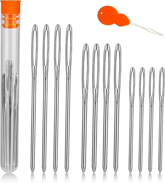 TLKKUE 12 Pcs/3 Sizes Large-Eye Blunt Needles, Steel Yarn Needle with Needle Threader, Tapestry Needle for Sewing Crochet Knitting Embroidery (Silver 2.08in/2.36in/2.76in)