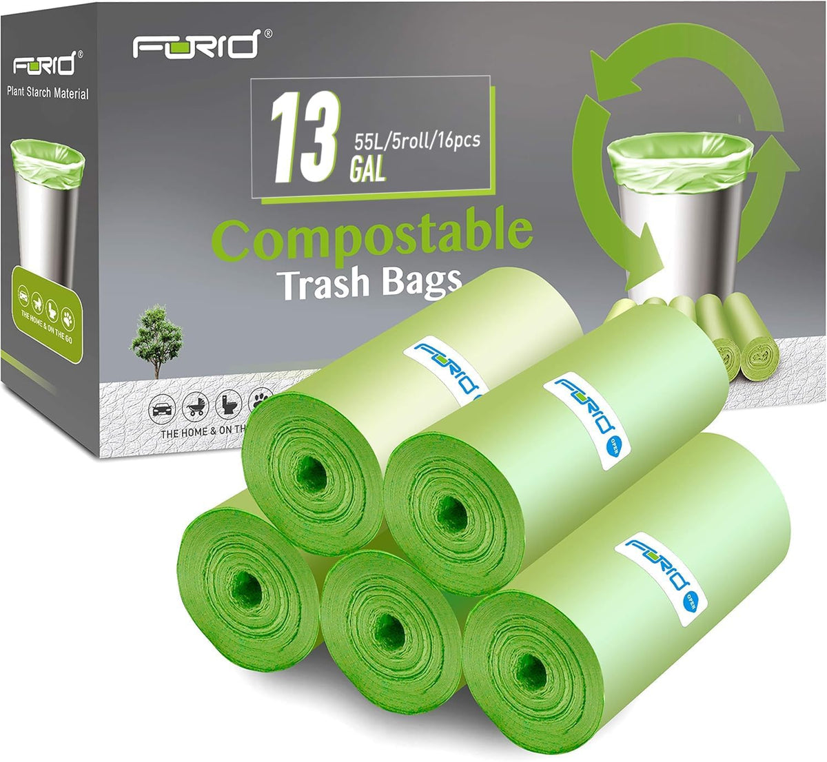 Compostable Trash Bags - FORID 13 Gallon Tall Kitchen Garbage Bags 80 Count Unscented Trash Can Liners 55 Liter Medium Wastebasket Bags for Bathroom Home Bedroom Office Garbage Can (5Rolls/Green)