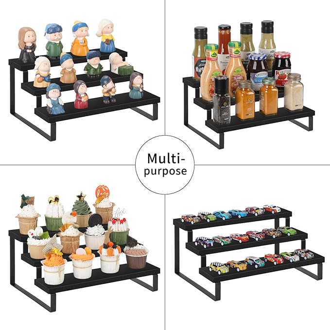 YINMIT Wooden Display Riser Stand, Tiered Perfume and Cologne Organizer Stand, 3 Tier Spice Rack Organizer, Rustic Display Shelf for Candles (3 Tier,2Pack,Black)