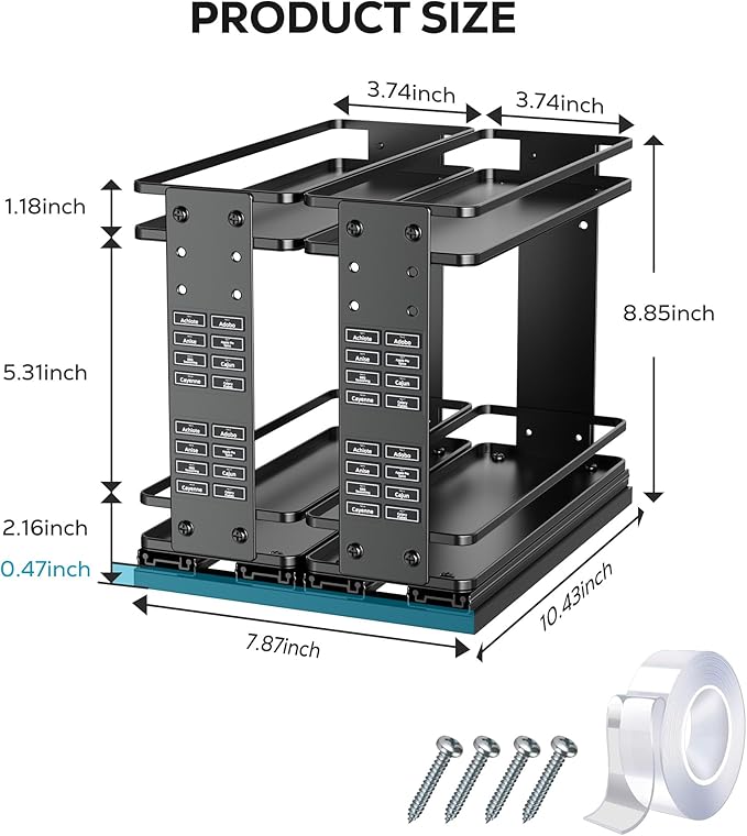 Nieifi Pull Out Spice Rack Organizer, 2 Tiers, Black, Spice Organization for Cabinet, Height Adjustable, Easy to Install