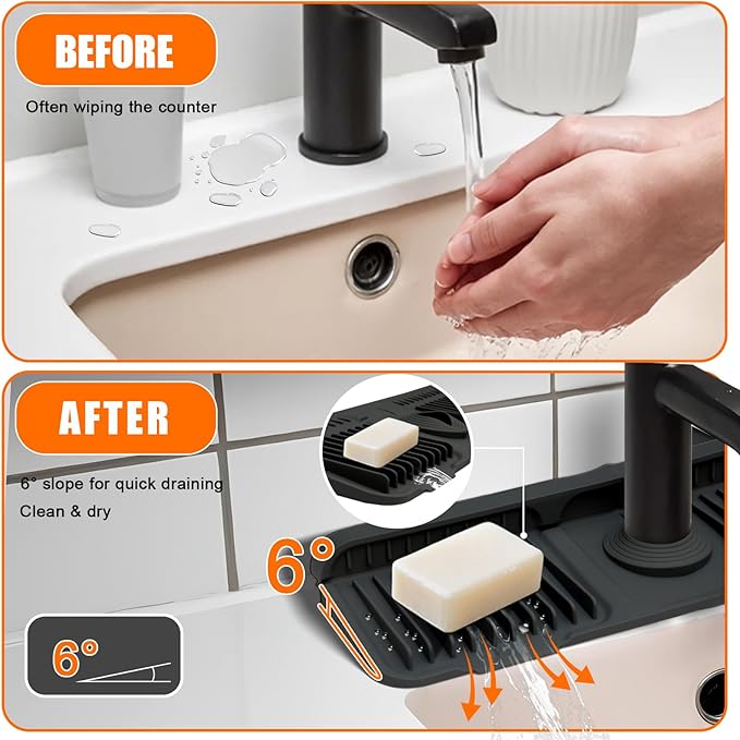 17.7" Silicone Faucet Mat for Kitchen Sink,7° Draining Mat with Snap Button Lock,Faucet Splash Guard and Sink Counter Organizer,Trim-to-Fit Kitchen Faucet Protector for Sponge Brush Cup