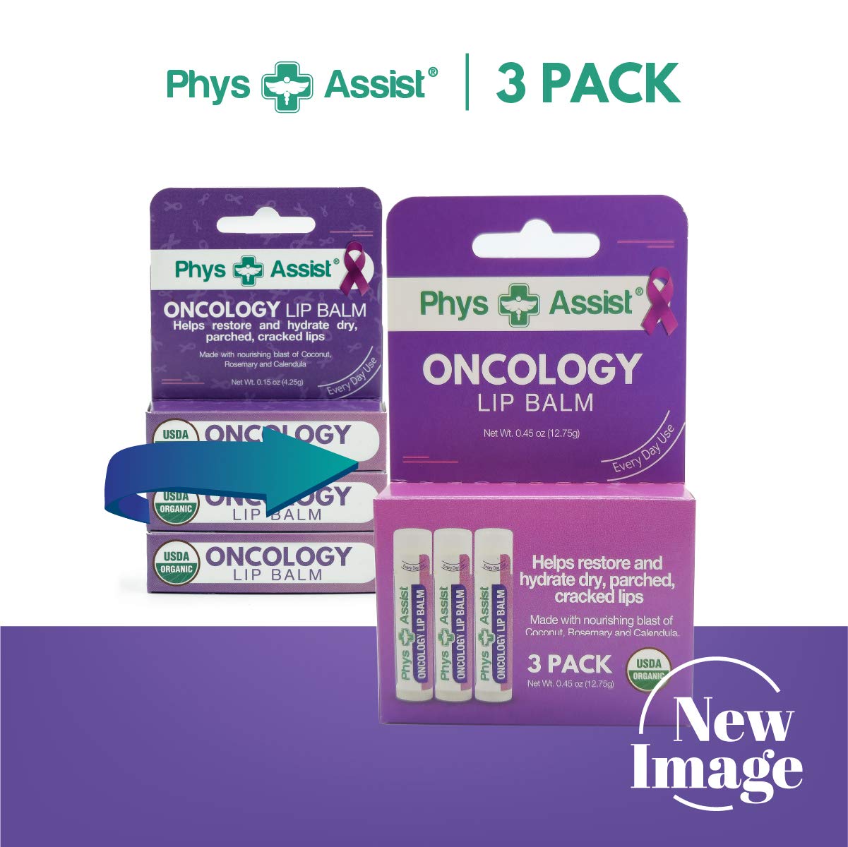 Oncology Lip Balm USDA Organic, Hydrate Dry, Parched Lips. Moisturizing -3 Pack