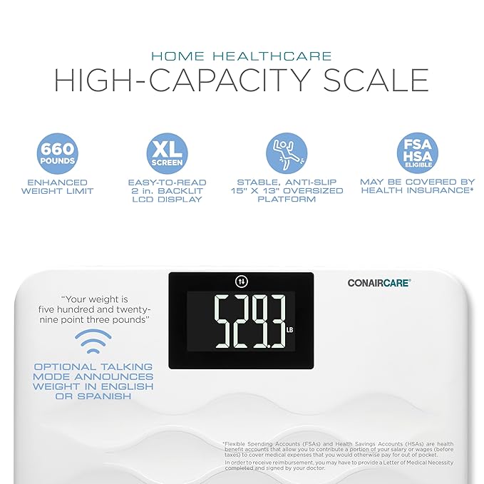 Conair Bathroom Scale for Body Weight, FSA/HSA Eligible High-Capacity Talking Bathroom Scale in both English and Spanish - 660 lb. Enhanced Weight Limit with XL Backlit LCD Display, Anti-Slip Platform