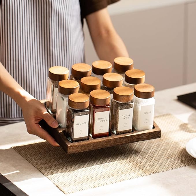 Yangbaga Glass Spice Jars with Labels: 24pc 4oz Square Seasoning Containers and 2pc Rack with Airtight Wood lid,Pepper Grinder,Funnel; Empty Spice Organizer Bottles for Kitchen Drawer Cabinet